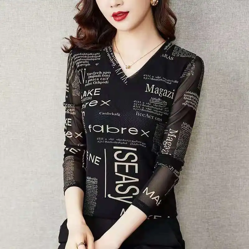 Womens Clothing 2023 Autumn and Winter Thick Letter Print Elegant Basic T-shirts Sexy Mesh V Neck Long Sleeve Slim Pullover Tops
