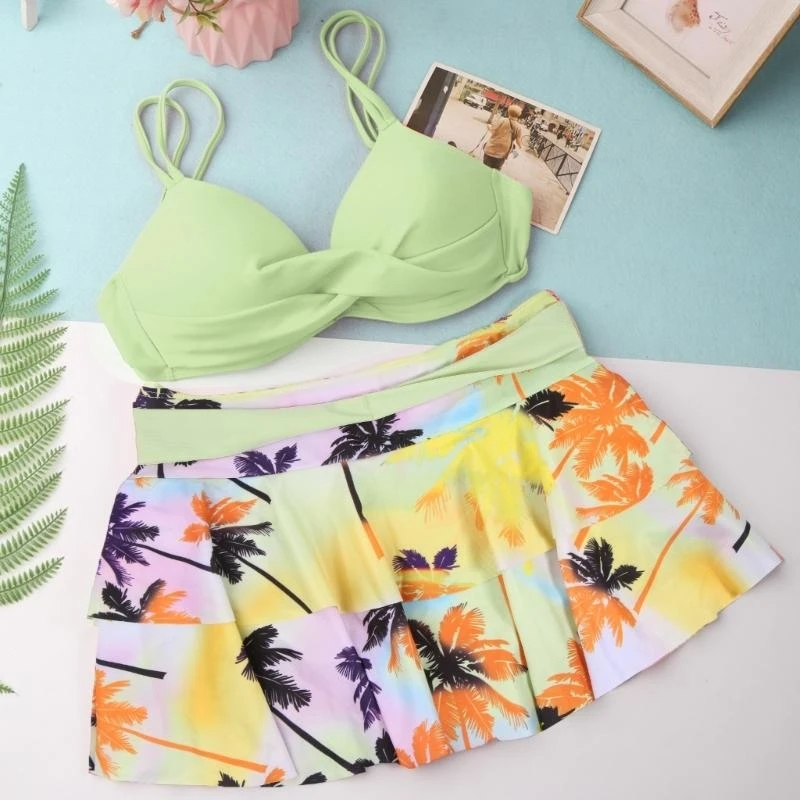 Tummy-Control Bathing Suit for Women Girls Two Pieces Ruffle Swimsuits Floral Print Swimwear-High Waisted Bikinis Set