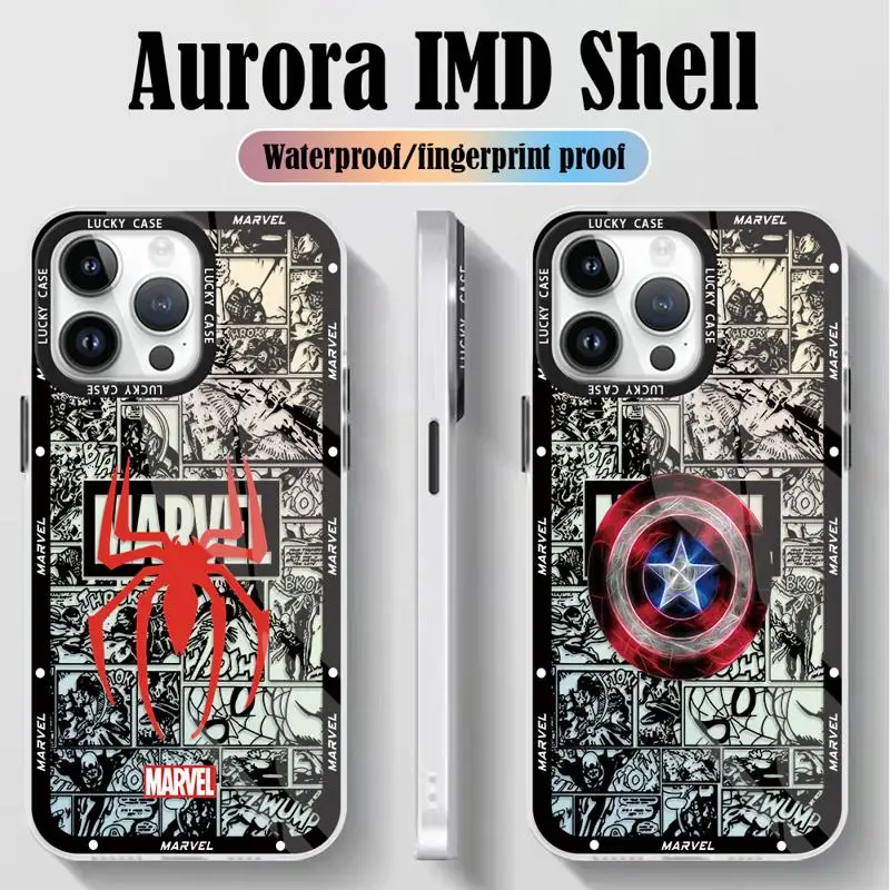 Marvel Spiderman Captain Shield Logo for iPhone 15 14 13 12 11 pro Max XS XR X 7 8 Iridescent Laser Clear Color Matte Phone Case