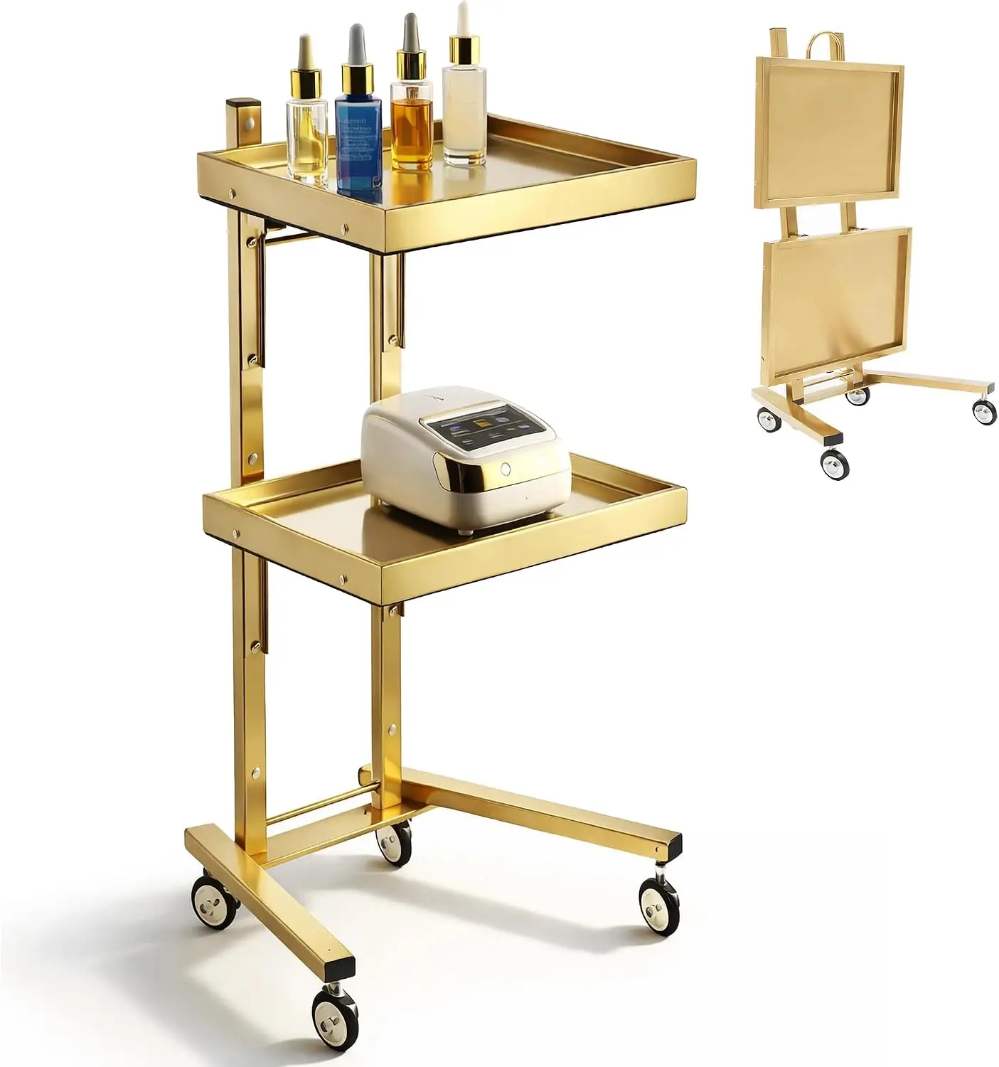 Two Tier Metal Rolling Cart Wheels Salon Trolley Gold