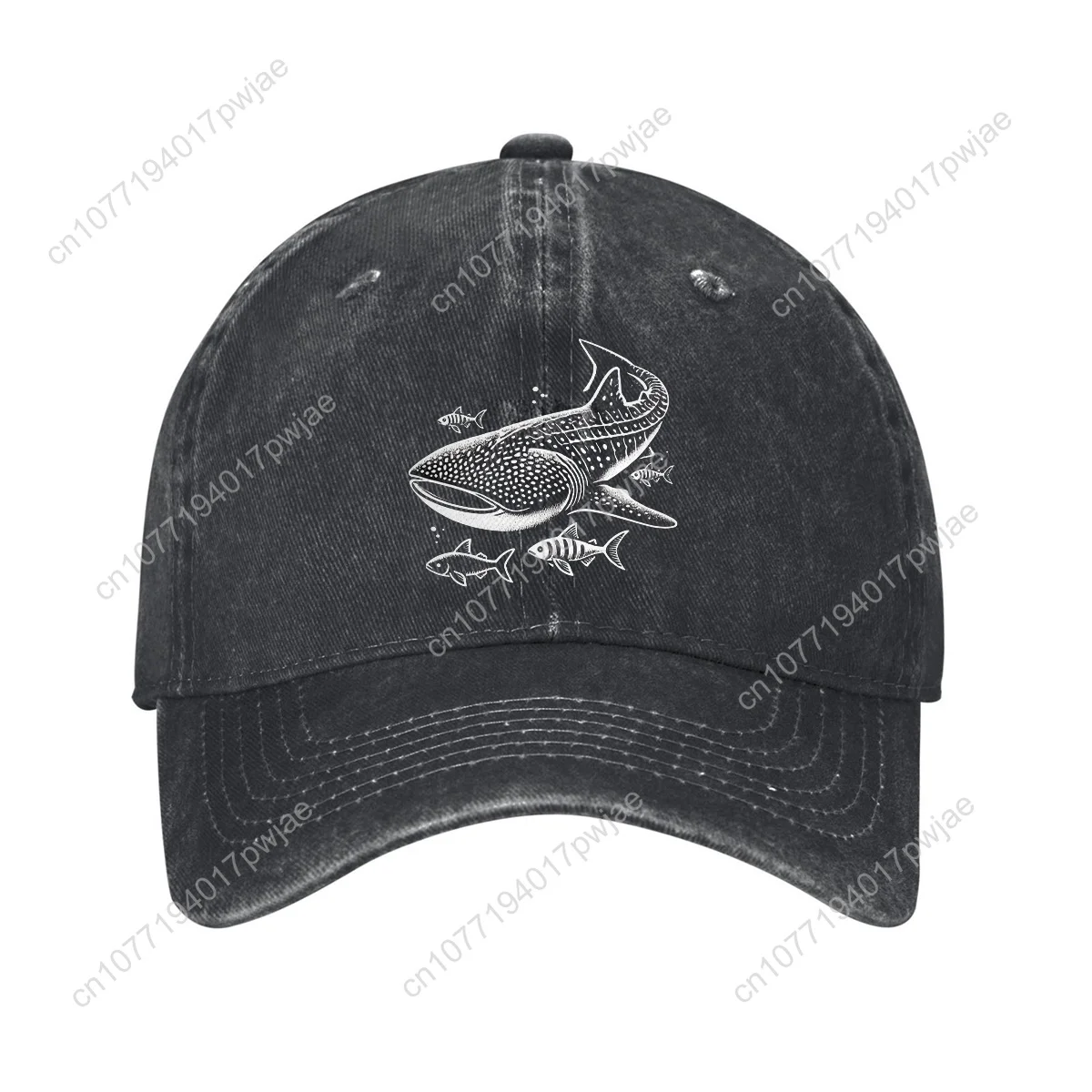 [Whale shark] Men's & Women's Whale Shark Print Adjustable Snapback Cap - Lightweight Washed Denim-like Black/Dark Grey -like Te