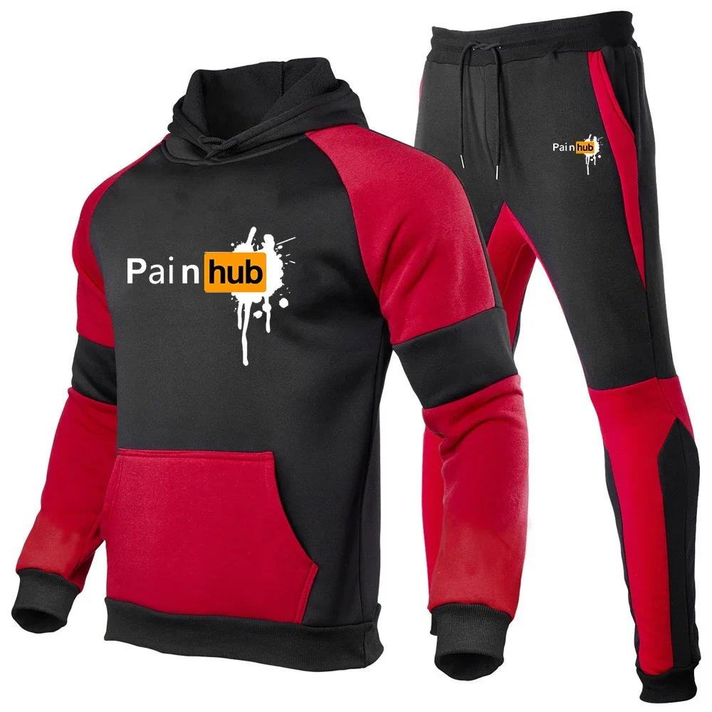 

2024 Spring Autumn Men's Painhub Logo Printed Spliced Sports Cotton Sets Popular Pocket Pullover Hoodies+Casual Sweatpants Suits