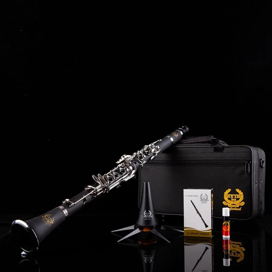 Rhythm Bb Clarinet 17 Nickel Keys Woodwind Band Orchestra Musical Instruments for Beginners Includes Case Stand 10 Reeds and Cl