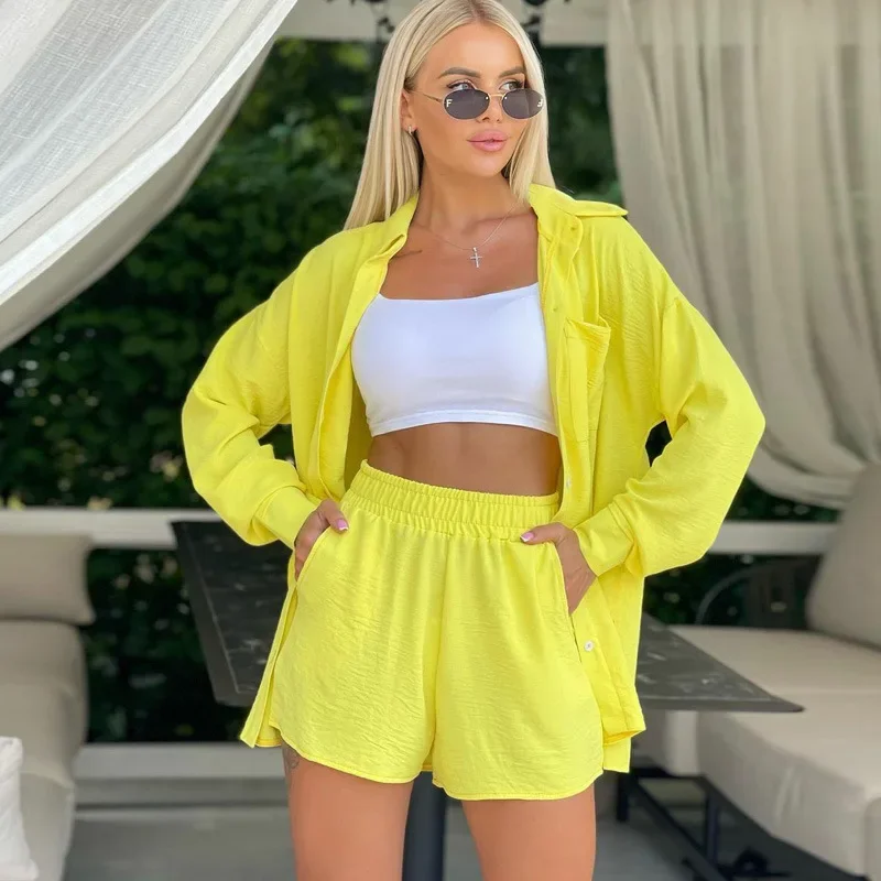 Pajamas for Women 2 Piece Casual Tracksuit Outfit Sets Long Sleeve Button Down Shirt High Waisted Shorts Clothes Sexy Sleepwear