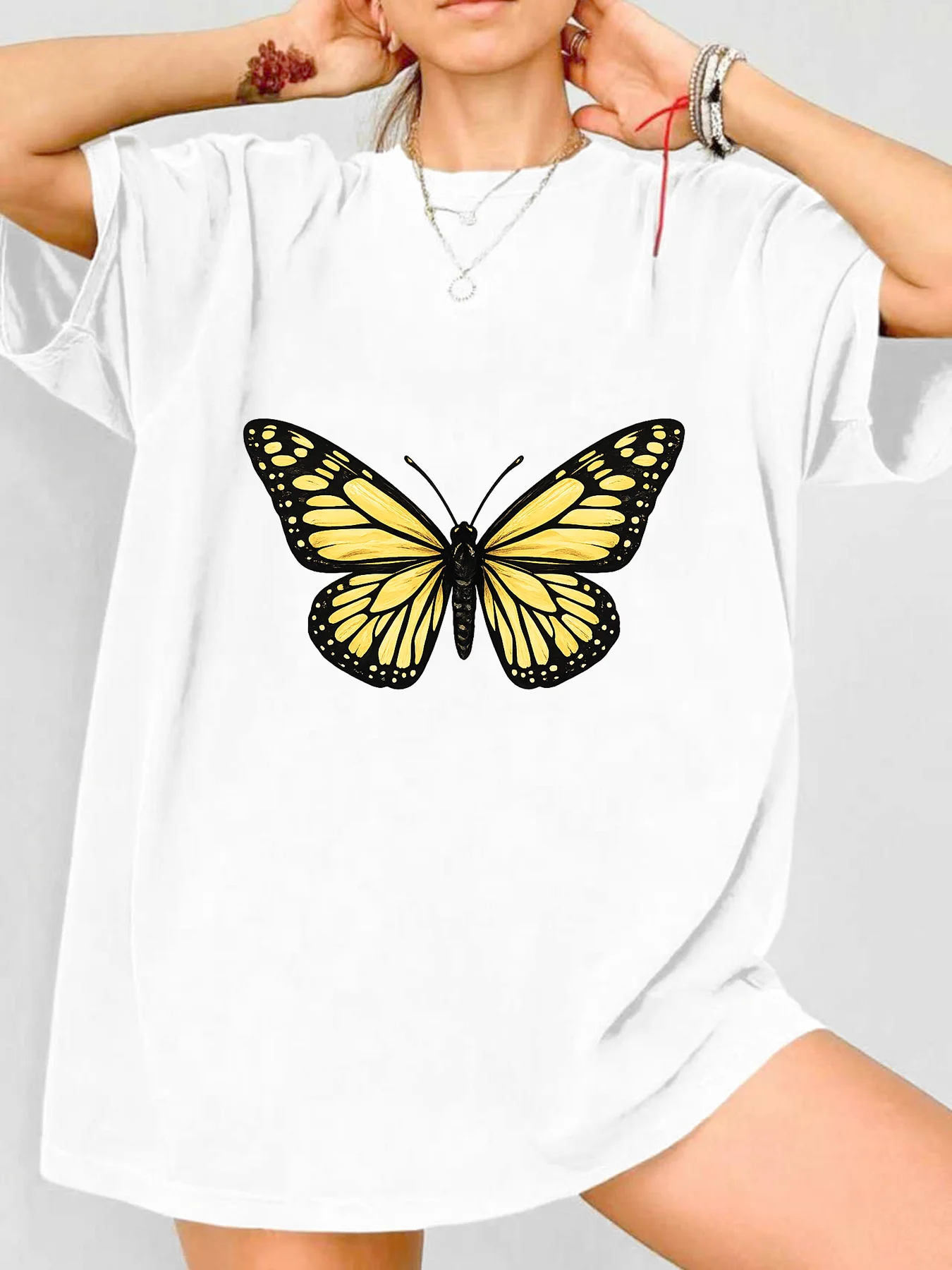 

【WDS00124】Plus size women's round neck short sleeve T-shirt with elastic half sleeves and trendy prints