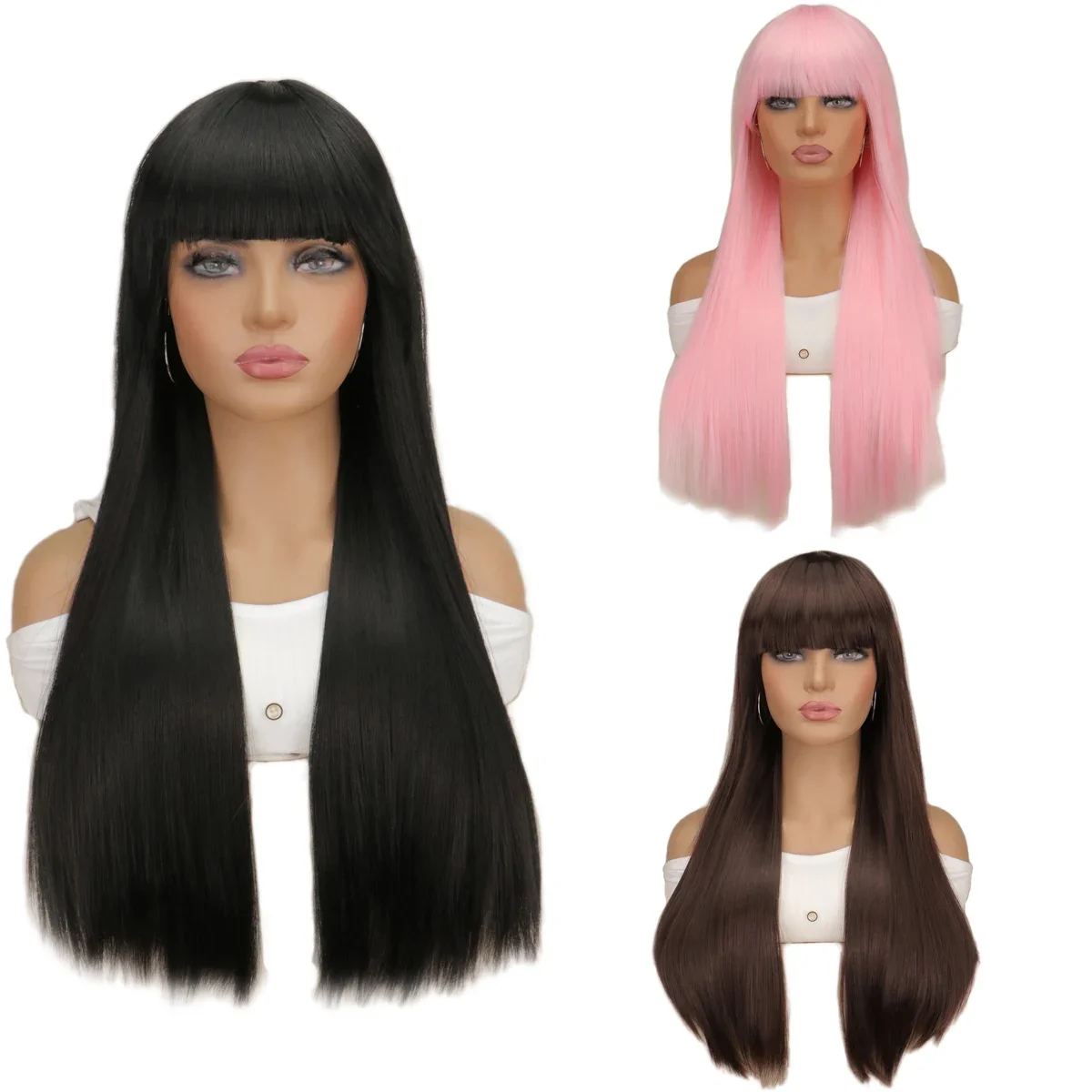 QQXCAIW المرأة الطبيعية طويلة أسود براون الاصطناعية خصلات الشعر المستعار هالوين أنيمي زي طويل مستقيم مقاومة للحرارة شعر مستعار أسود