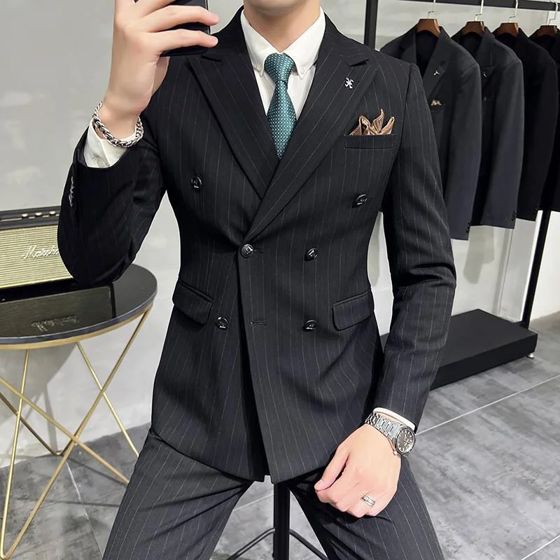 

Высококачественный двубортный деловой повседневный полосатый модный двойной мужской тонкий свадебный костюм с остроконечным воротником
