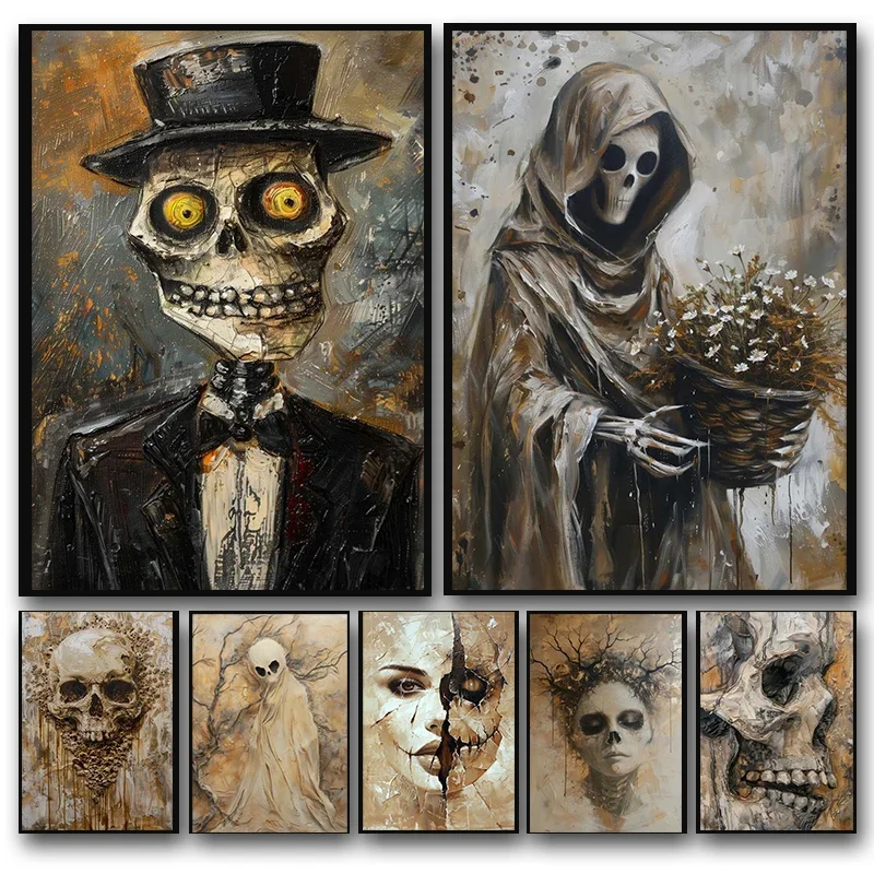 Frameless Canvas PaintingFantasy Horror Skeleton Poster Abstract Witchy Creepy Festival Canvas Painting Wall Art Halloween Chris