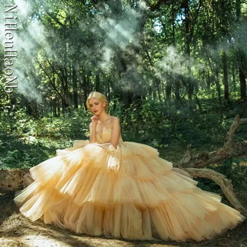 Vestidos De Quinceaneras Dress Fashion Lace Up  New Yellow Tulle Ball Gown Strapless Prom Dress