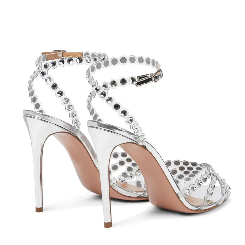 Luxury Rhinestone High Heels Women Pumps Fish Mouth Sexy Thin Heel Sandals Dress Bridal Shoes Summer Designer Sandalias Mujer