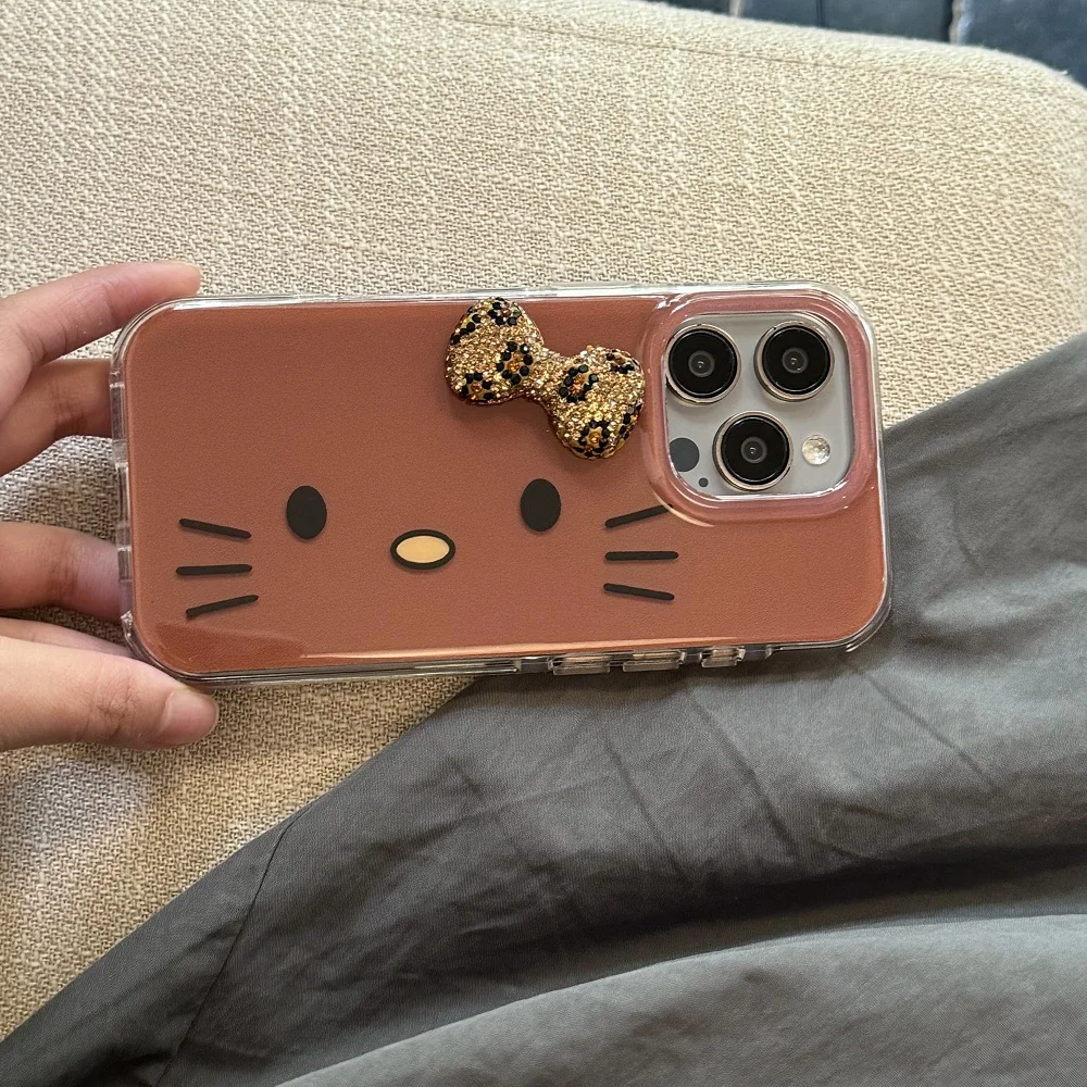 

Brown skin Cats Kitten Gold Diamond Bowknot Glitter Phone Case For iPhone 17 16 15 14 13 Pro Max 16 Plus Silicone Soft Cover﻿