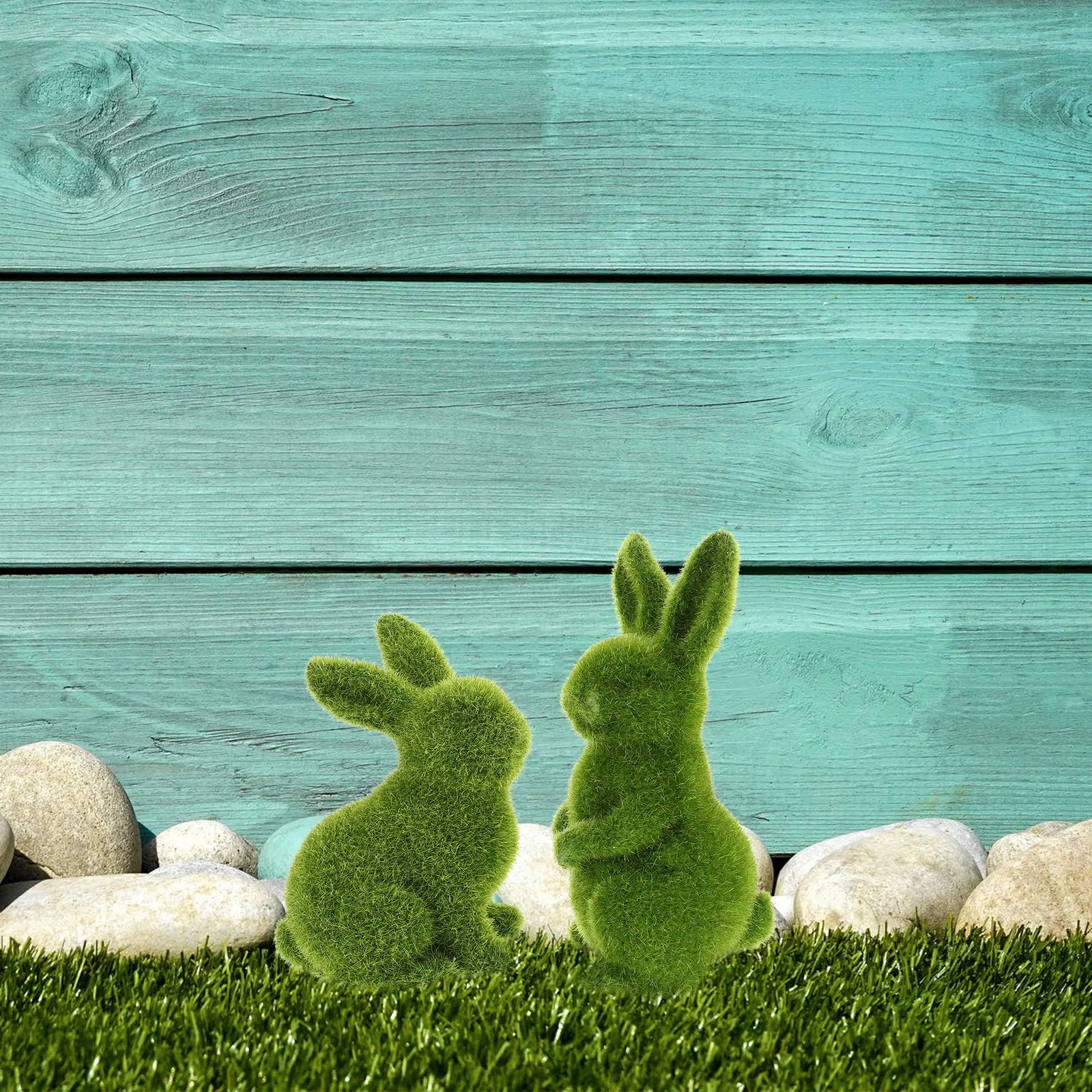 Flocked Rabbit Figurine Garden Statues and Figurines Faux Moss Covered Bunny Green