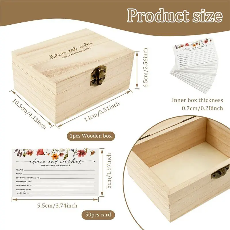 BNVN-Wooden Storage Box With Metal Lock For Home Party Decor 50 Card Postcard Organizer Wedding Advice Cards
