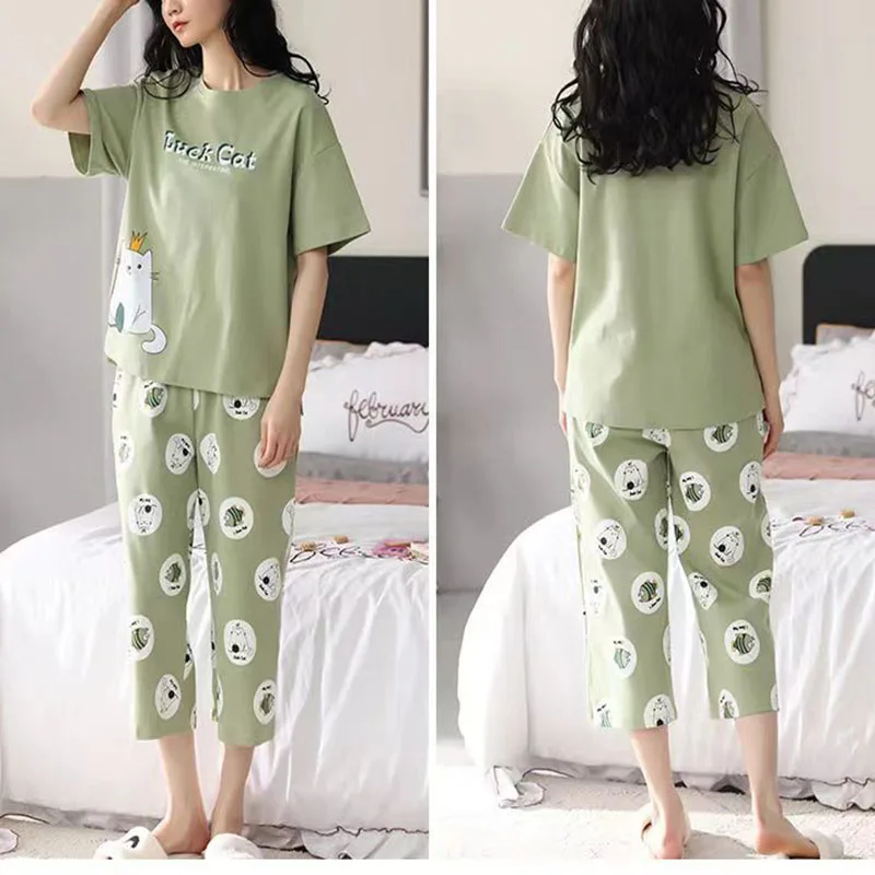 Women Pajamas Sets Plus Size Summer Silk Sleepwear Ladies Thin Short-Sleeved Seven Pants O-Neck Casual Cat Home Wear Night Wear