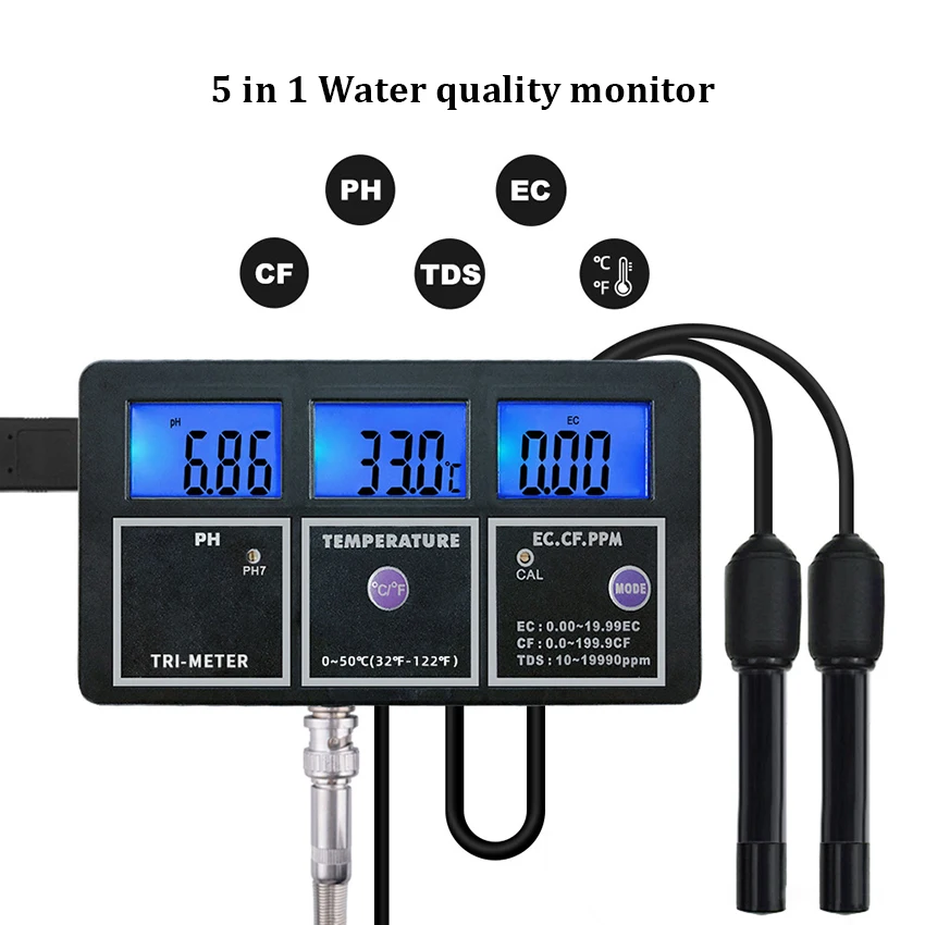 

5 in 1 Multi-Parameter Temp TDS EC CF PH Meter Digital Water Quality Purity Tester Rechargeable Device Monitor for Aquarium Pool