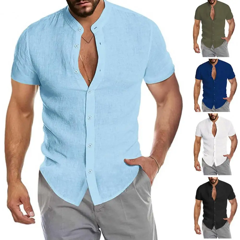 

Casual Blouse Cotton Linen Men Shirts Solid Color Loose Short Sleeve Tee Shirt Summer Handsome Men Shirt camisas de hombre