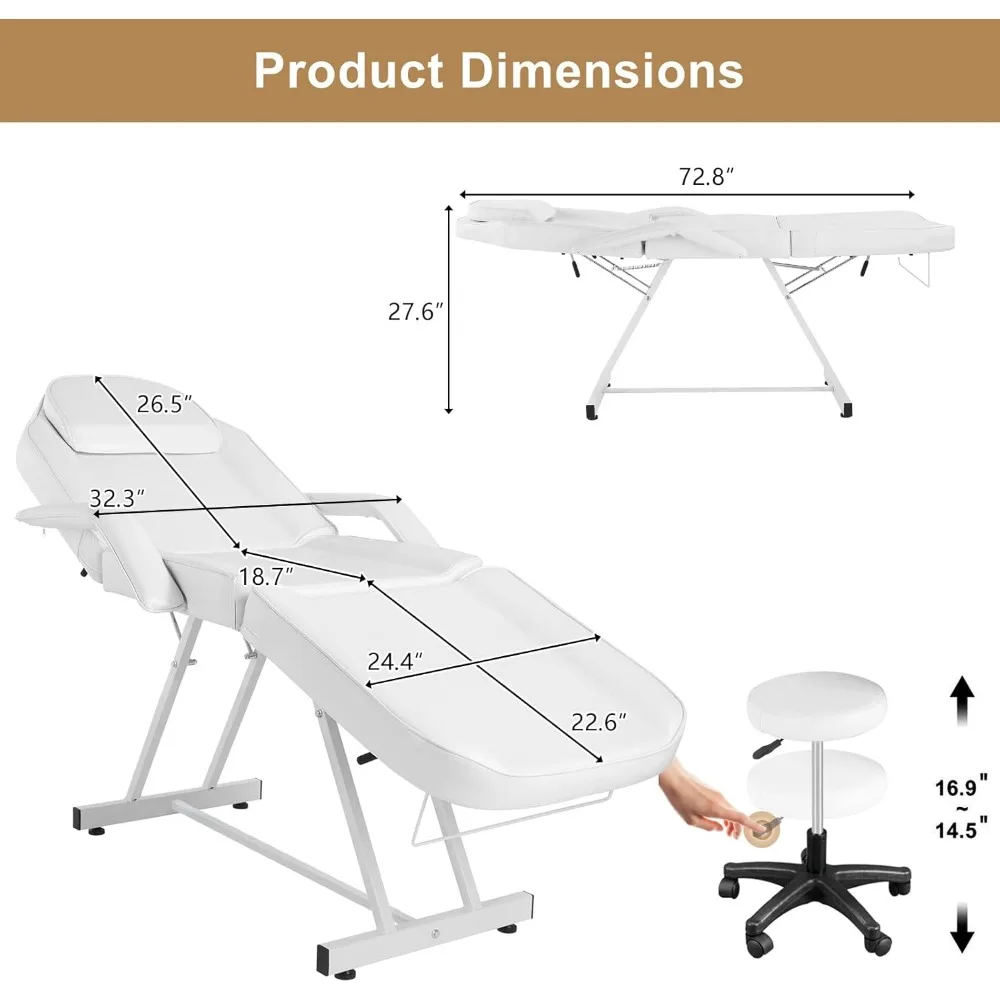 OmySalon-Salão Cadeira de Tatuagem com Tamborete Hidráulico, Cadeira de Massagem, Mesa de Cama Facial Multiusos, 3 Secções, Ajustável