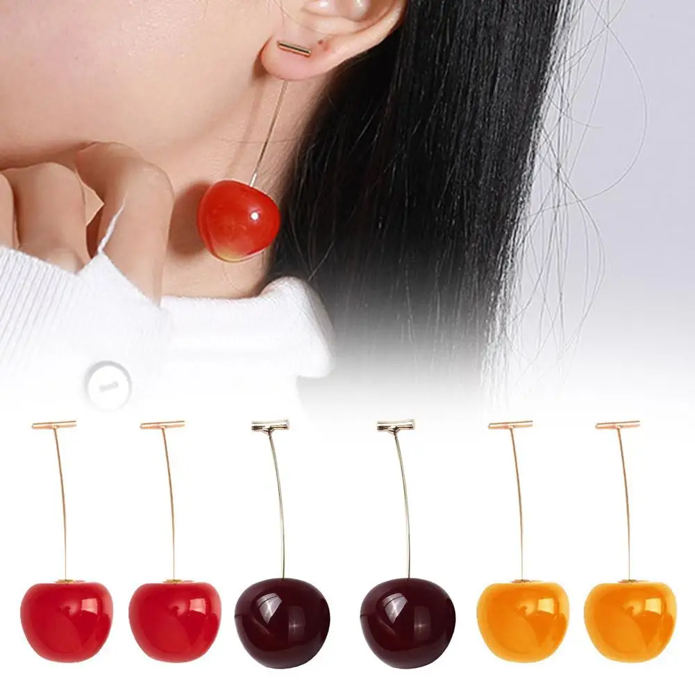 Pendientes colgantes de cerezas pequeñas, dulces y frescas, encanto rojo, pendientes coreanos, joyería de frutas, pendientes japoneses