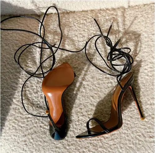 Drop Shipping Sexy Woman Red Black Solid Leather Cross Tied Stiletto Heel One Line Lace Up Summer Sandals Female Party Shoes