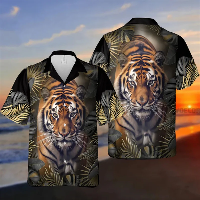 Domineering Tiger Print Shirts For Men Clothes Punk Cat Animal 3D Printed Blouses Hawaiian Streetwear Lapel Blouse Button Tops