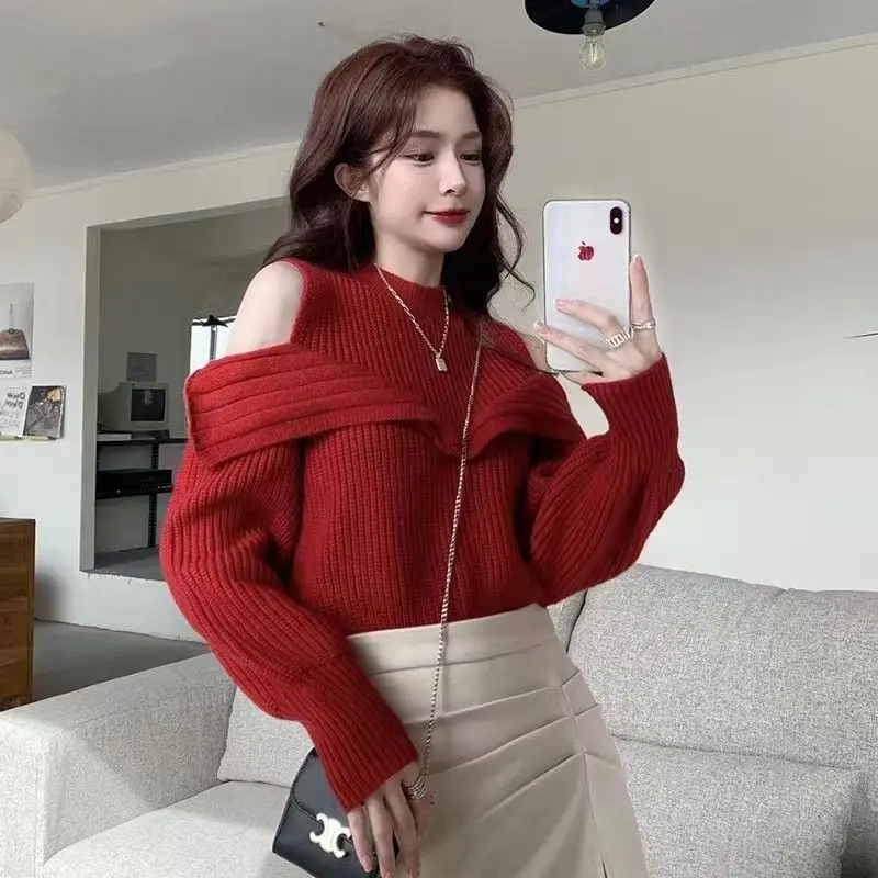 Sweater Hollow Shoulder Long Sleeve Knit Female Summer Fall Take Sweater New Render Unlined Upper Korea