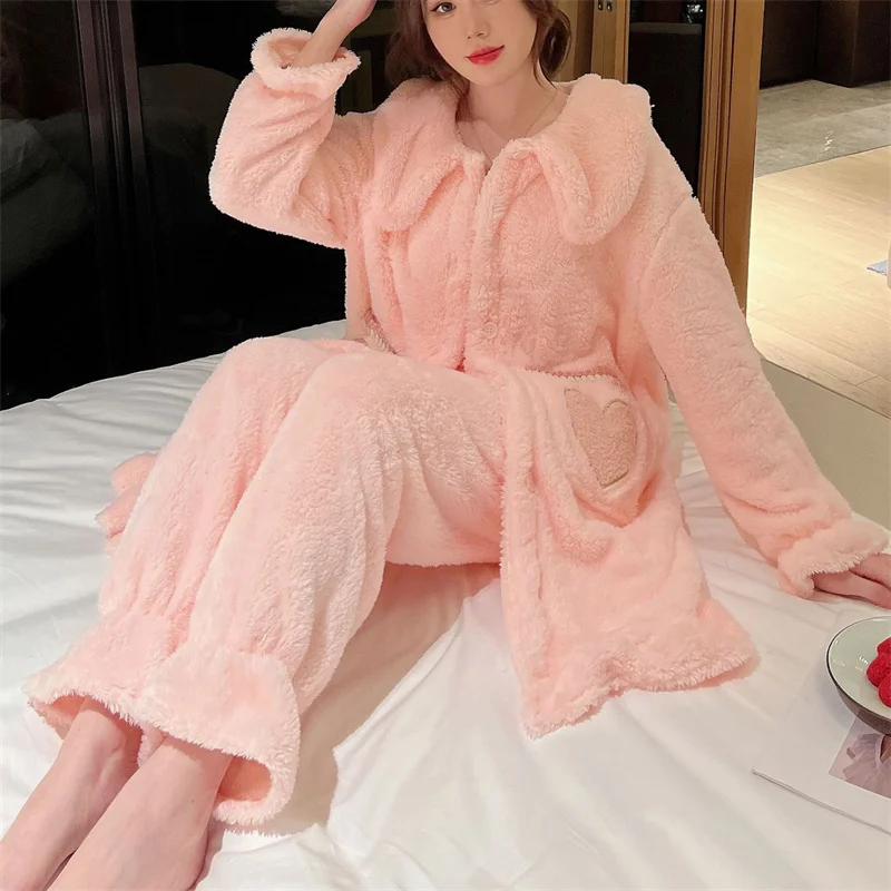 

Thickened Flannel Female Nightwear Trouser Suits Winter Coral Fleece Pajamas Set Sleepwear Loose Sweet Cute Homewear Pyjama