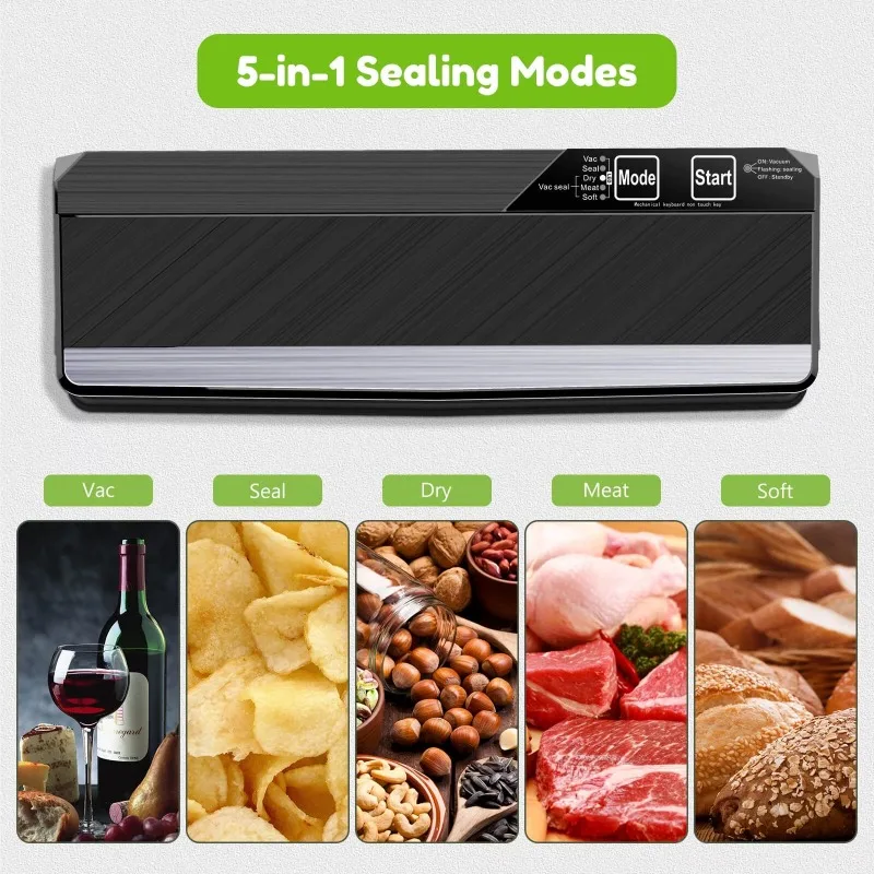 Food Vacuum Sealer, Food Saver Vacuum Machine, with 5pcs Vacuum Seal Bags, Dry & Moist Food Modes, Quick Seal, Easy to Clean