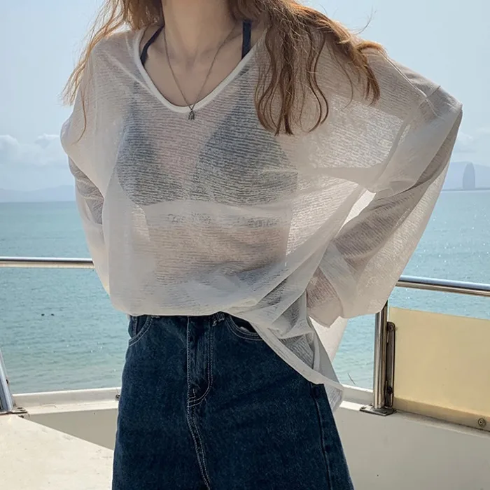 Women Loose Sun Protection Summer Clothing Outdoor Summer Breathable Thin Coat Solid Color Vintage See-through Blouses 2024