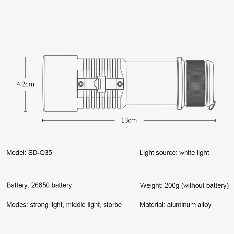 Smiling Shark Q35 Super Bright Diving Flashlight, Rechargeable Torchlight, For Scuba, Diving, Underwater Lighting, Emergency