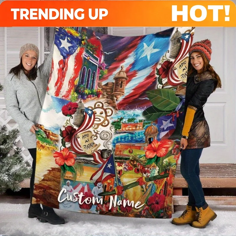 Customize A Personalized Fleece Blanket in The Style of The Puerto Rican Flag, Customized with Name Text, Featuring a Vintage De