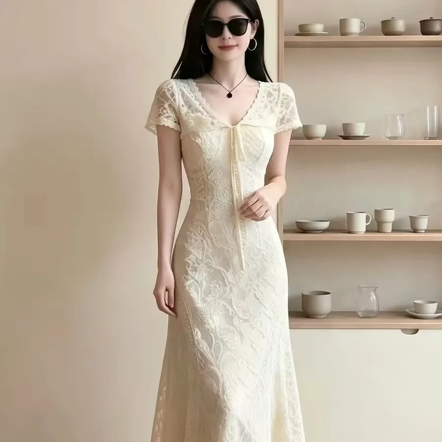 women-v-neck-lace-bodycon-maxi-dresses-front-tie-slim-side-slit-elegant-wedding-guest-cocktail-party-mermaid-dress-vestidos