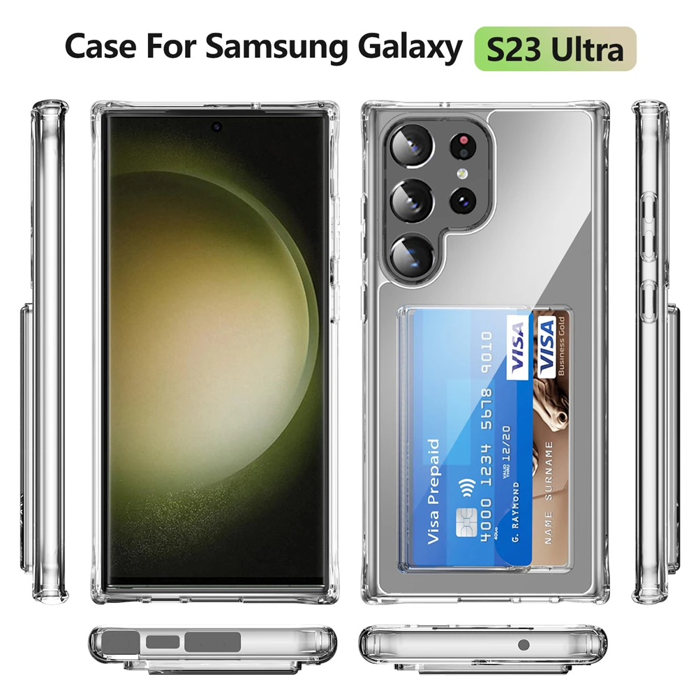 Wallet Card Slot Holder Clear Case For Samsung Galaxy S24 Ultra S23 S22 Plus S21 S20 FE Transparent Shockproof Acrylic Cover