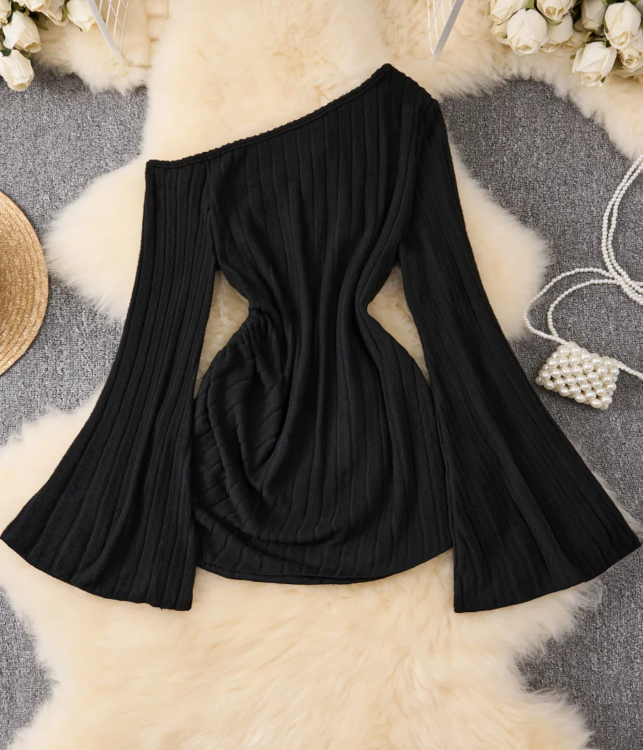 

plus Size Women's Asymmetric Tail Long Sleeve Off-Shoulder T-Shirt European American Fashion Spring Autumn