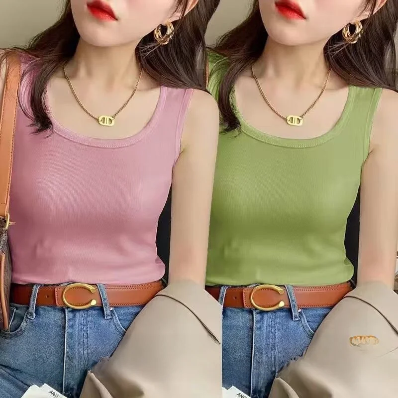 Slim Fit Ice Silk Strap Vest Women's Summer New Style Thin Top Trendy Threaded Backless Short Length Commute Style Pure Color