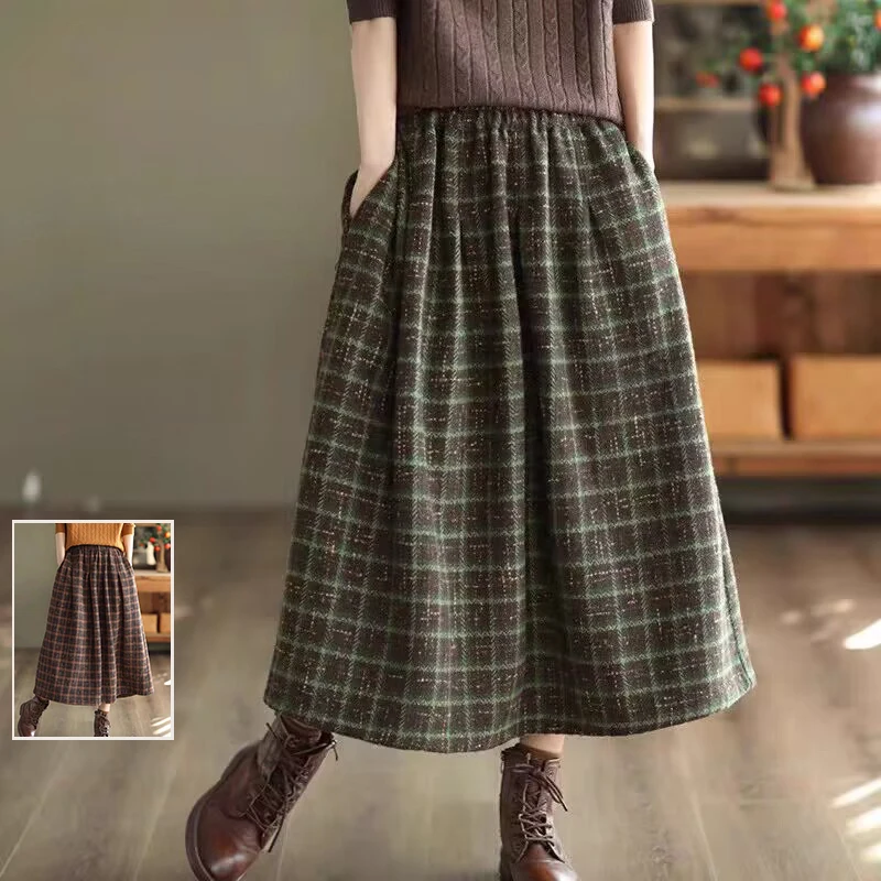

Ретро твидовая клетчатая юбка-миди трапециевидной формы с высокой талией, скрывающая бедра, длинные женские модные осенние юбки больших размеров