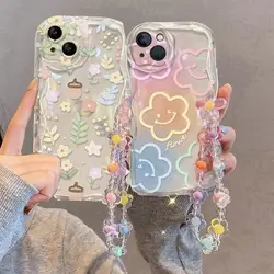 Cute 3D Flower Bracelet Wrist Chain Lanyard Phone Case for Samsung Galaxy A55 5G A56 A35 A36 A15 A54 S25 S24 Ultra Plus FE Cover