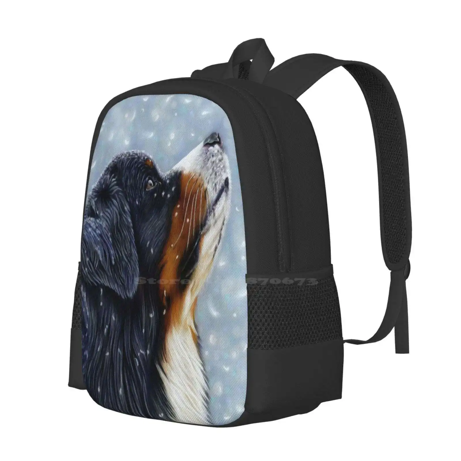 Blissful Blue - Bernese Mountain Dog Catching Snowflakes Hot Sale Schoolbag Backpack Fashion Bags Bernese Mountain Dog Bernese