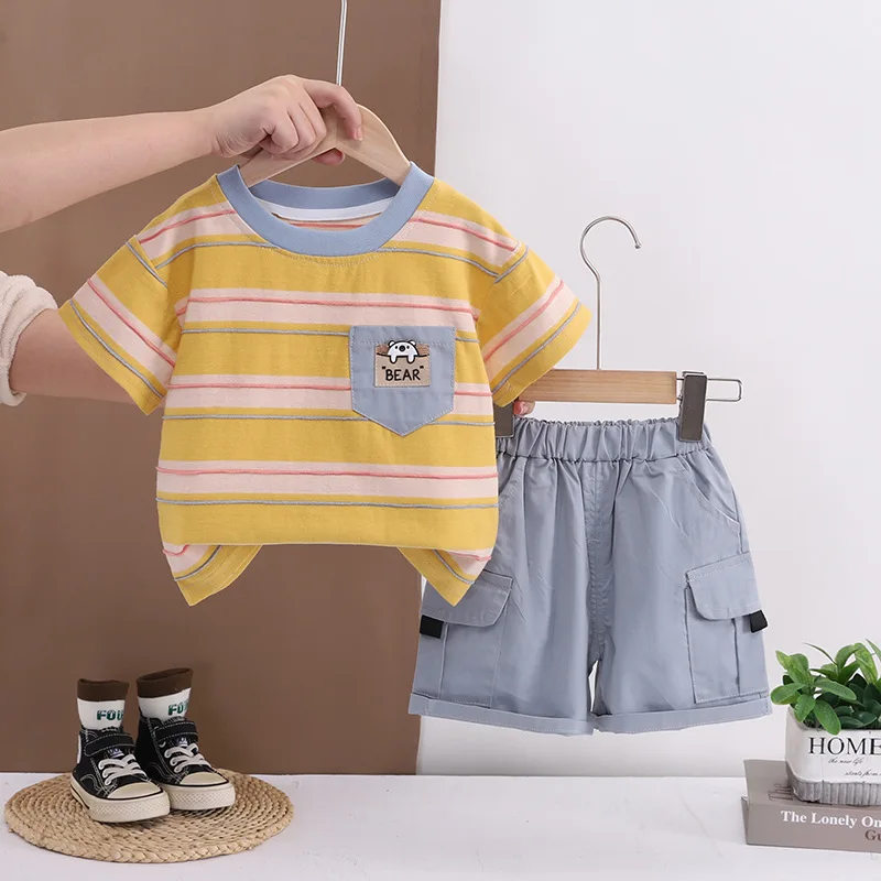 2025 New Summer Baby Boys 2 Piece Set  0-5T Toddler Boy Striped Bear Embroidery Pocket T-Shirt and Utility Shorts Kids Outfits