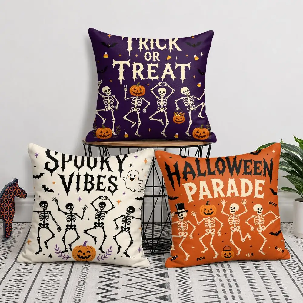 Halloween Skeleton Dance Cushion Cover Soft Short Plush Pillow Cover Smooth Cozy Texture Cushion Case Home Decor