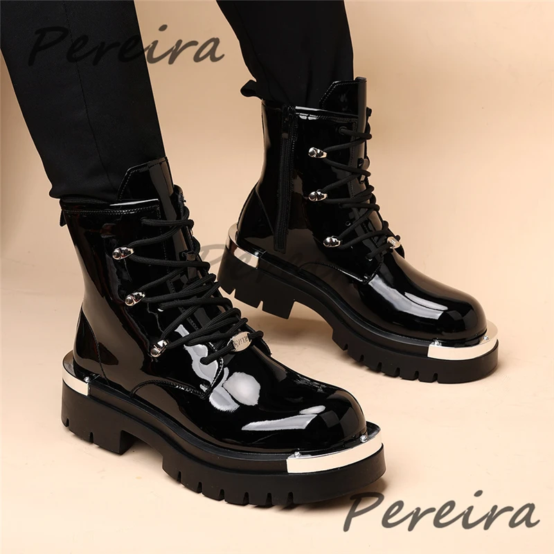 Punk Style Metal Decor Motorcycle Boots Round Toe Thick Soled Lace-Up Short Booties British Style Party Men's High-Top Shoes