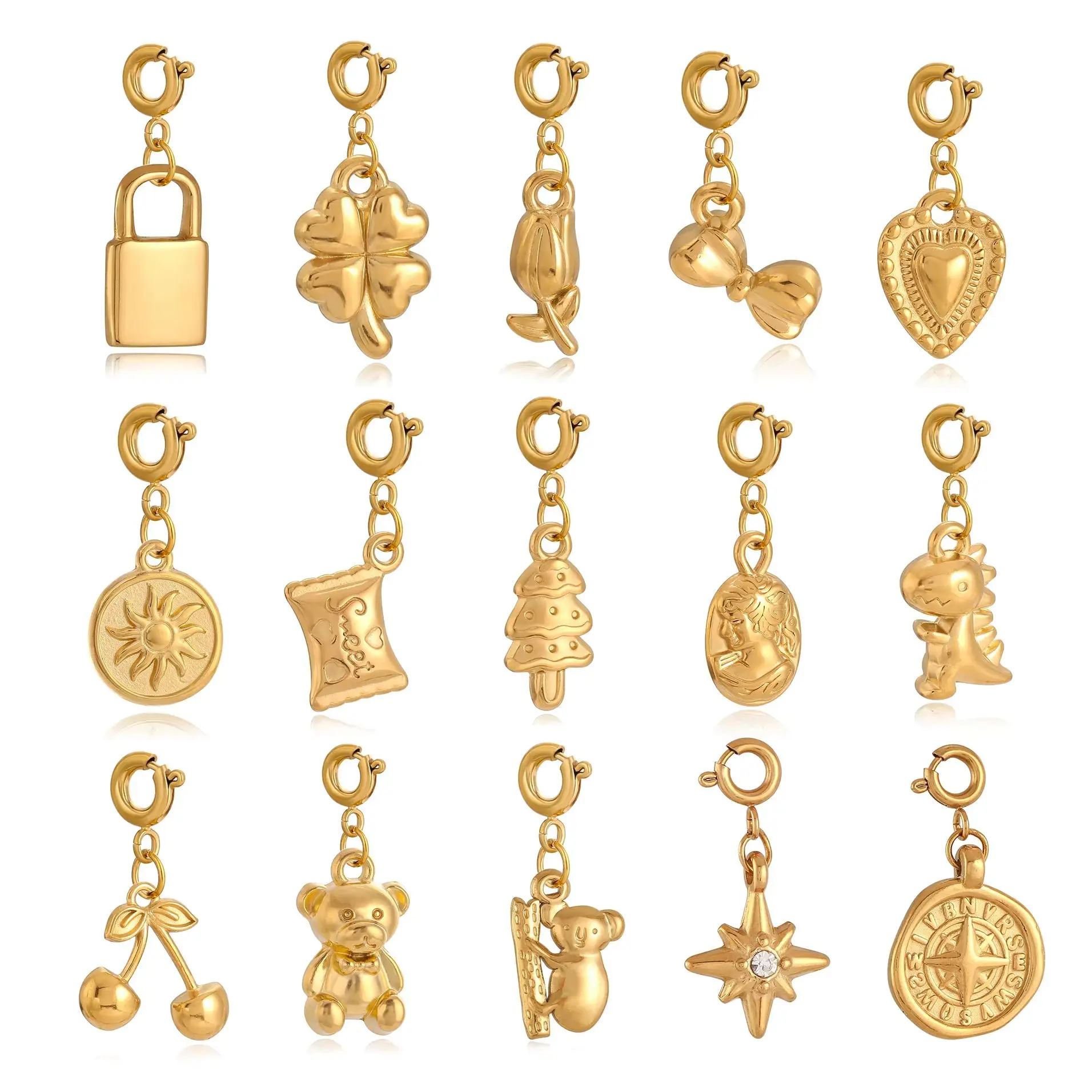 Stainless Steel Sun/Tulip Flower/Padlock/Luckly Clover Charms Fadeless Gold Color PVD Plated Necklace Pendant DIY Jewelry Making