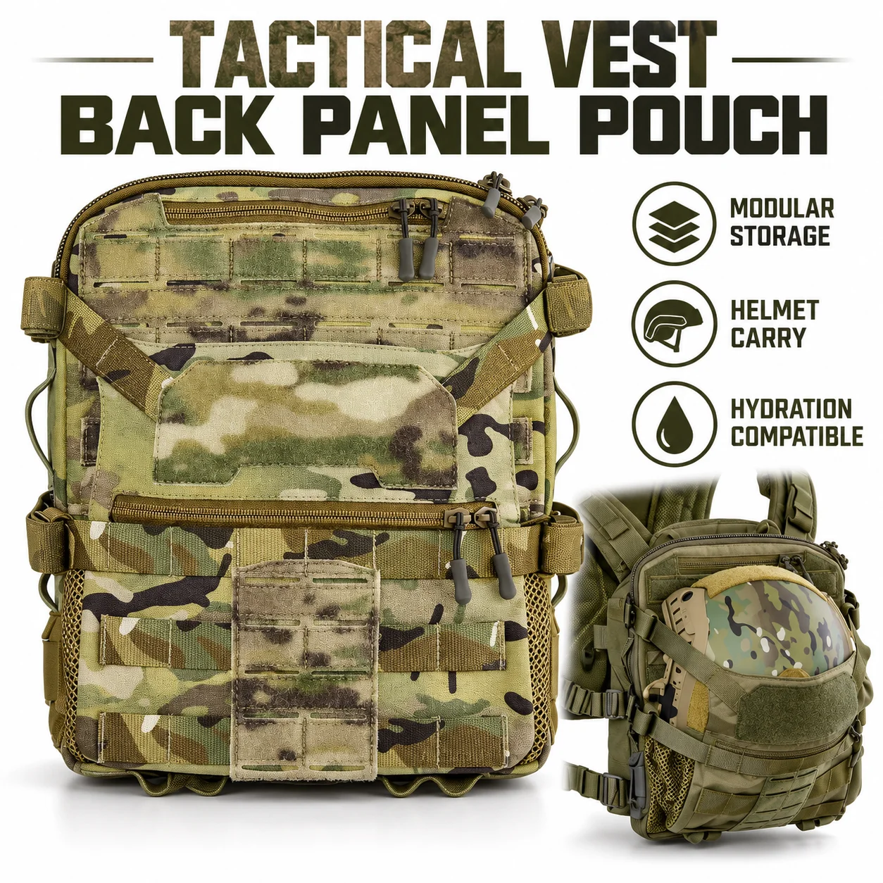 Tactical Hydration Backpack Panel Pouch MOLLE Utility Bag Outdoor Military Gear Pack for Vest Training Camping Hiking Equipment