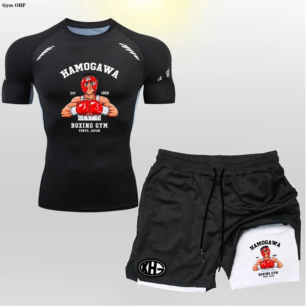 Anime 2 in 1 Shorts Men Sport Suit Rashguard Running T Shirt Boxing Gym Sets Training Muay Thai Doubie Deck MMA Fightwear