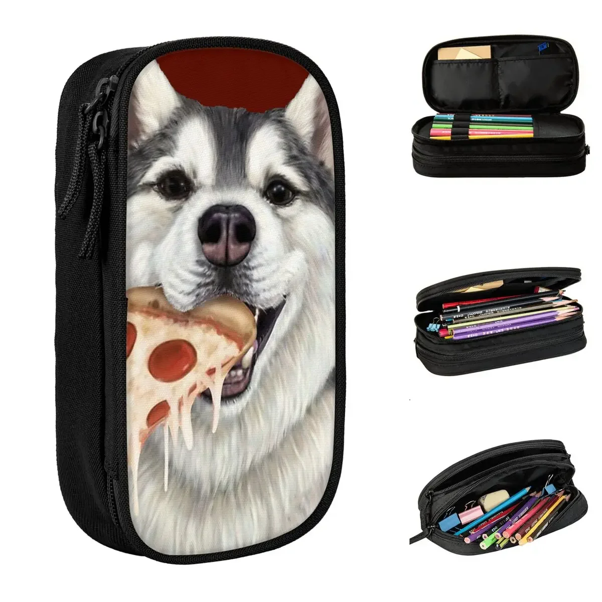 Estuches para lápices Husky Dog Eating Pizza, bolsas para bolígrafos de comida, gran capacidad, estudiantes, regalos escolares