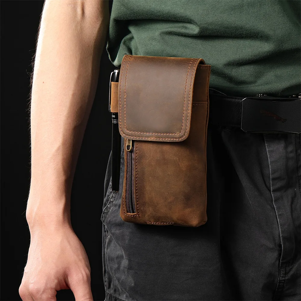 Outdoor Men's First Layer Of Cowhide Wearing Belt, Mobile Phone Protective Bag, Work Sports Multi-function Bag