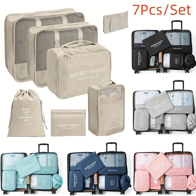 

7 Pcs Set Travel Luggage Packing Cubes, Clothes Organizers Set With Toiletry Bag, Clothing Classification Bag Shoes Bag