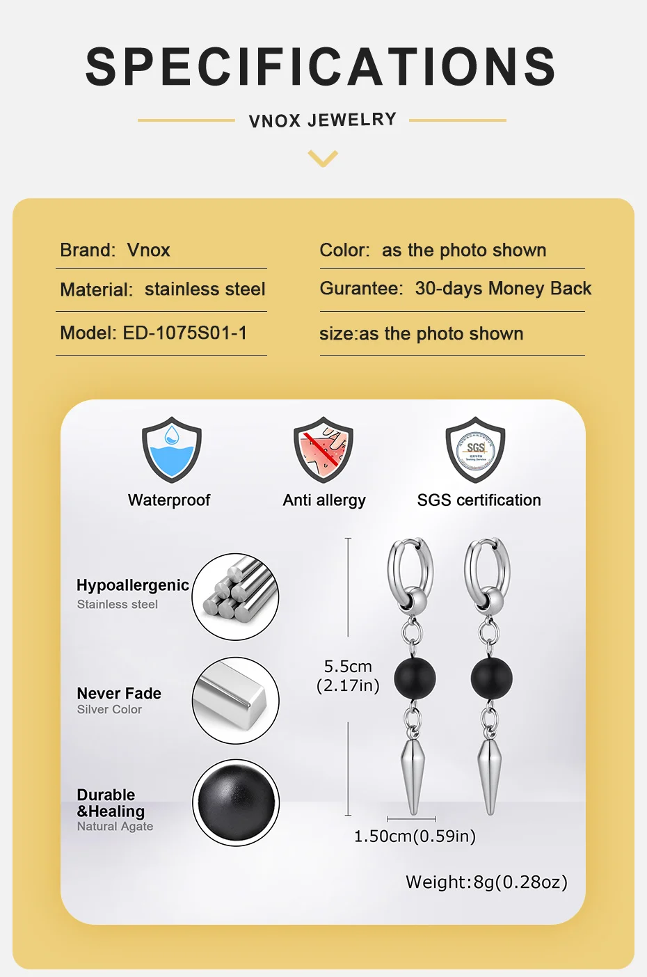 Vnox Punk Edelstahl Creolen für Männer, Schwarze Perlen-Kegel-Spikes, Sicherheitsnadel-Spikes, Hängende Gothic Hip-Hop Schmuck Geschenk – Detail 4