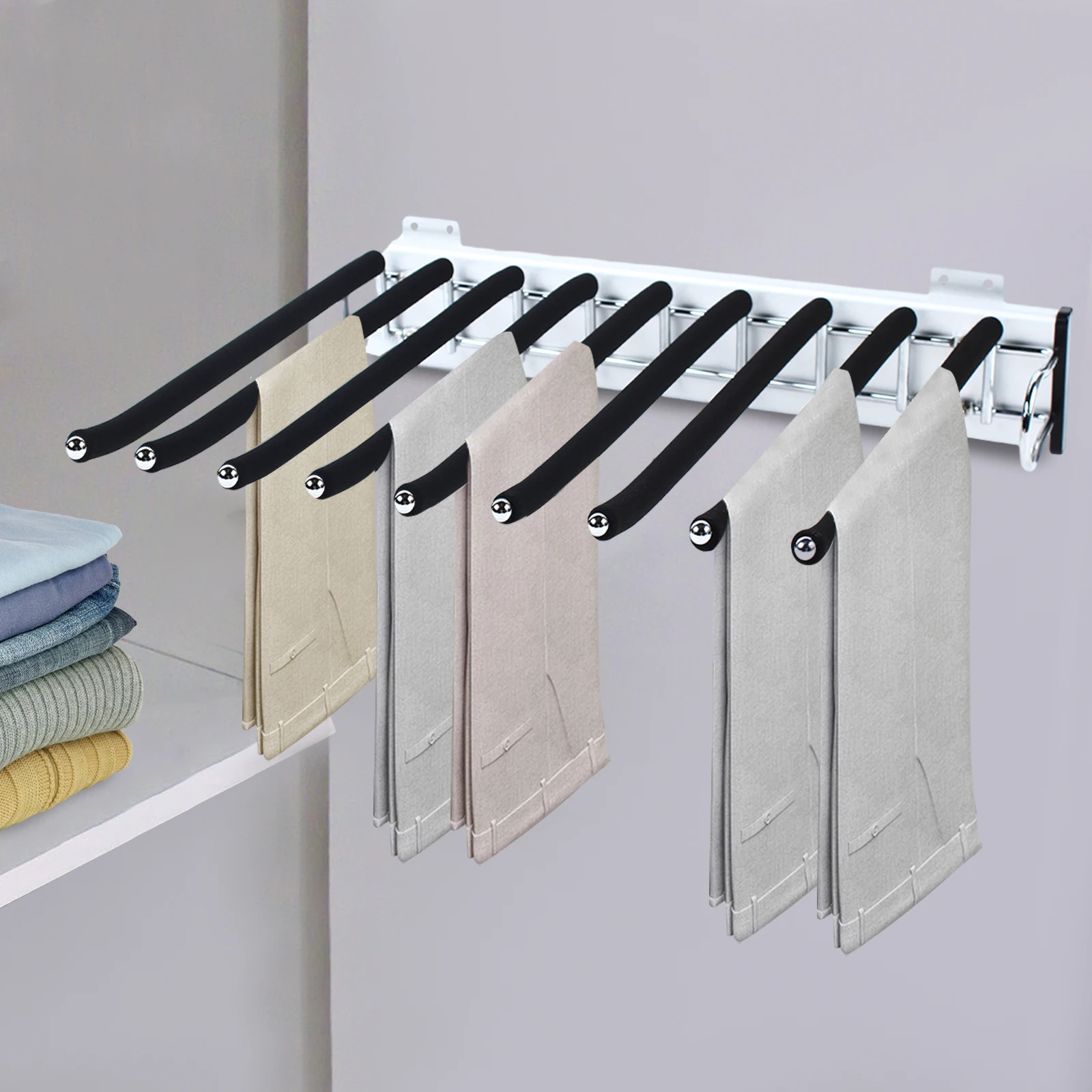 

Pull Out Wardrobe Trouser Rack, 9 Scarf Holder Hanger Rail, Extendable Trousers Hanger, Suitable for Wardrobe Depth 48 cm