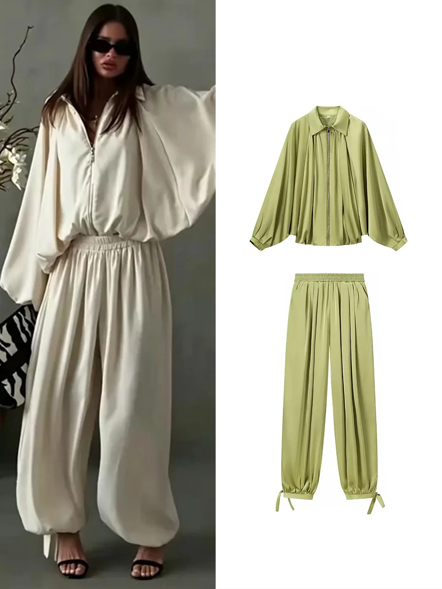 Autumn New Women's Long Sleeve Zipper Style Jacket with Bow Tie Lantern Pants Casual Fashion Set  Collar Outerwear