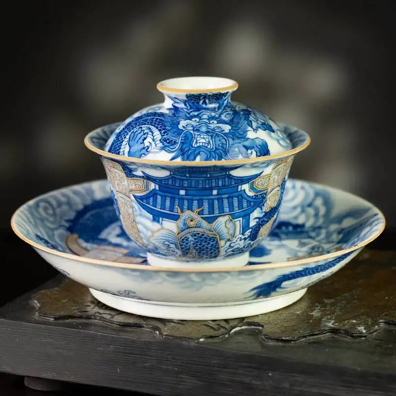 Holy Mountain Jingdezhen Blue And White Fish Leaping The Dragon Gate'golden Success' Ceramic Gaiwan Set Cup For Brewing Tea